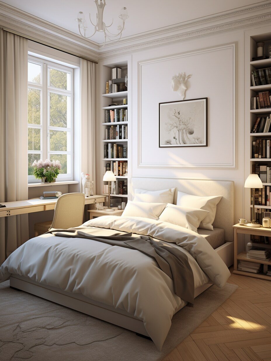 Small Bedroom With a Desk and Bookshelves 3