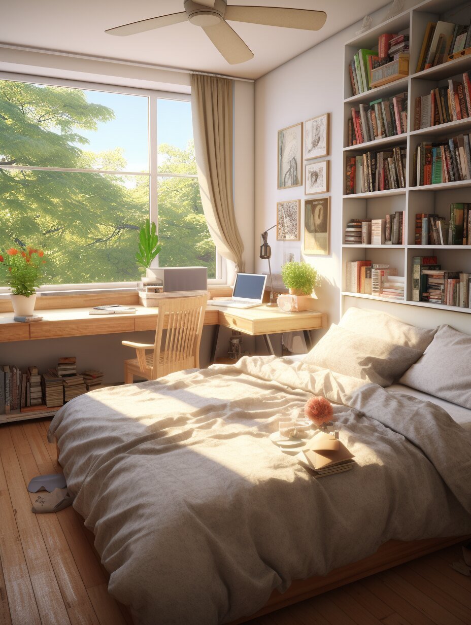 Small Bedroom With a Desk and Bookshelves 4