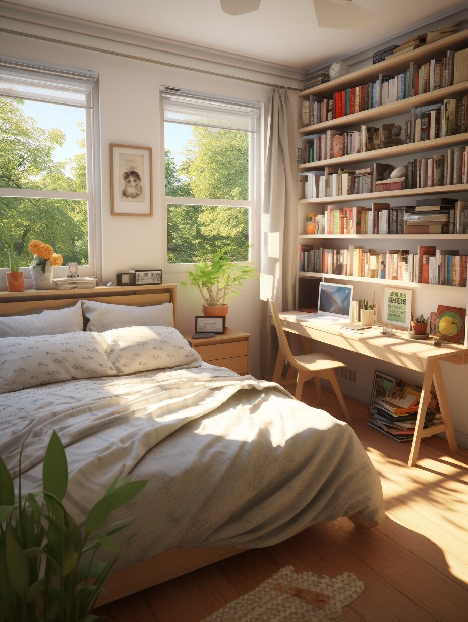 Small Bedroom With a Desk and Bookshelves 5
