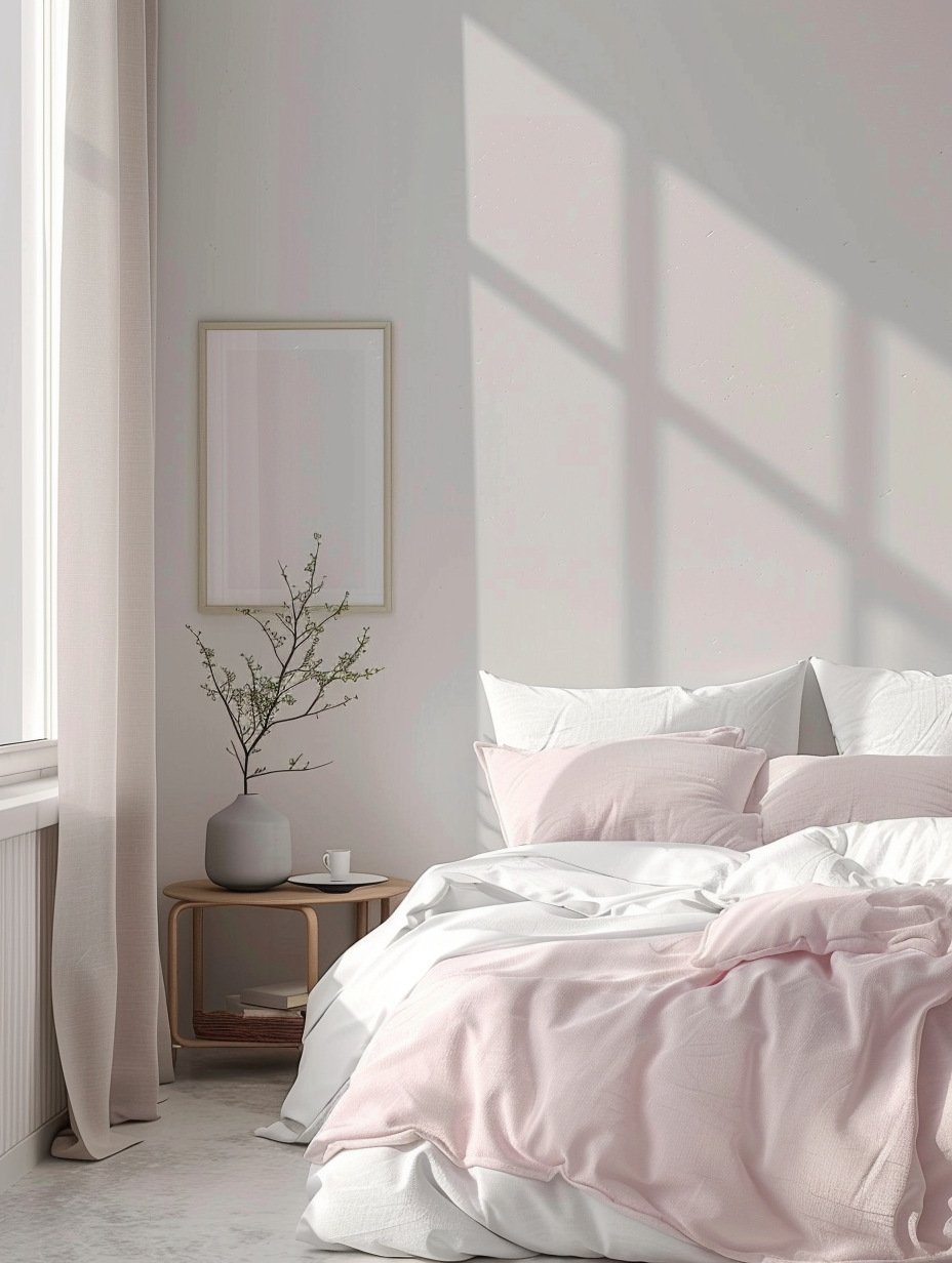 Small White and Pastel Pink Minimalist Bedroom for Woman 1