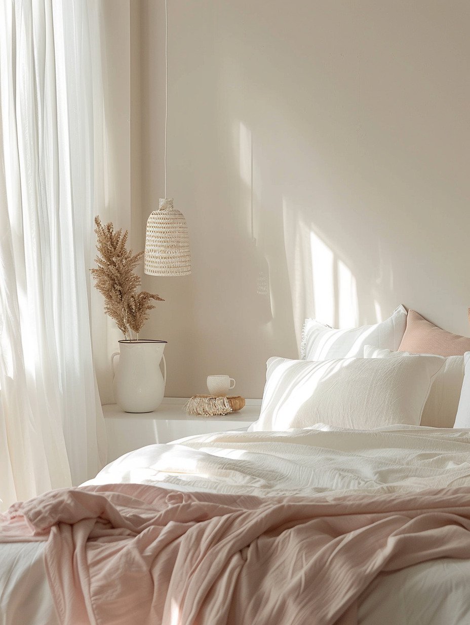 Small White and Pastel Pink Minimalist Bedroom for Women 9